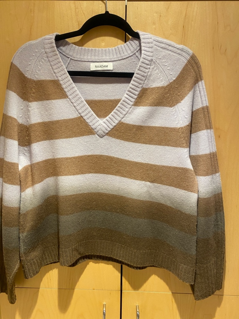NAADAM Oversized V-Neck Sweater in Camel/pale lavender. 70% wool/30% cashmere.